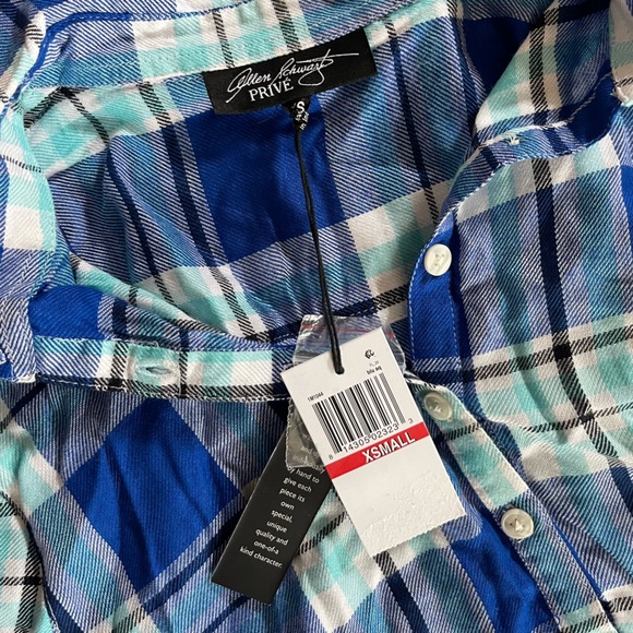 Allen Schwartz Prive Plaid Top Half Button Down Blue NWT Size XS - Picture 3 of 6